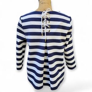 Tommy Hilfiger Navy & White Striped Lace-Up Back 3/4 Sleeve Top, Size M